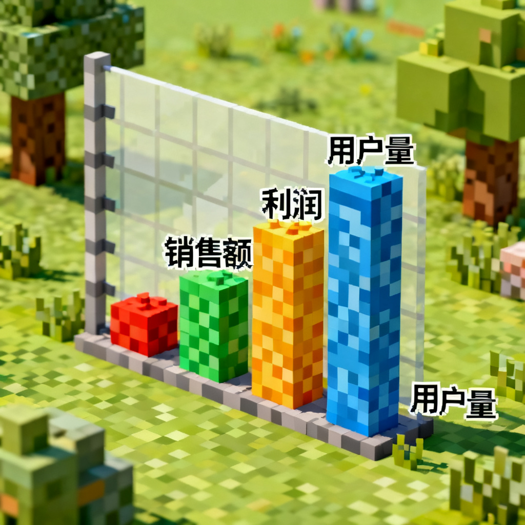 我的世界像素风格的商业数据图表，方块元素构建柱状图，明亮色彩，像素化字体