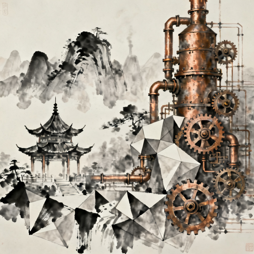 蒸汽朋克风格水墨画，结合低多边形元素，展现东方美学与机械文明的碰撞