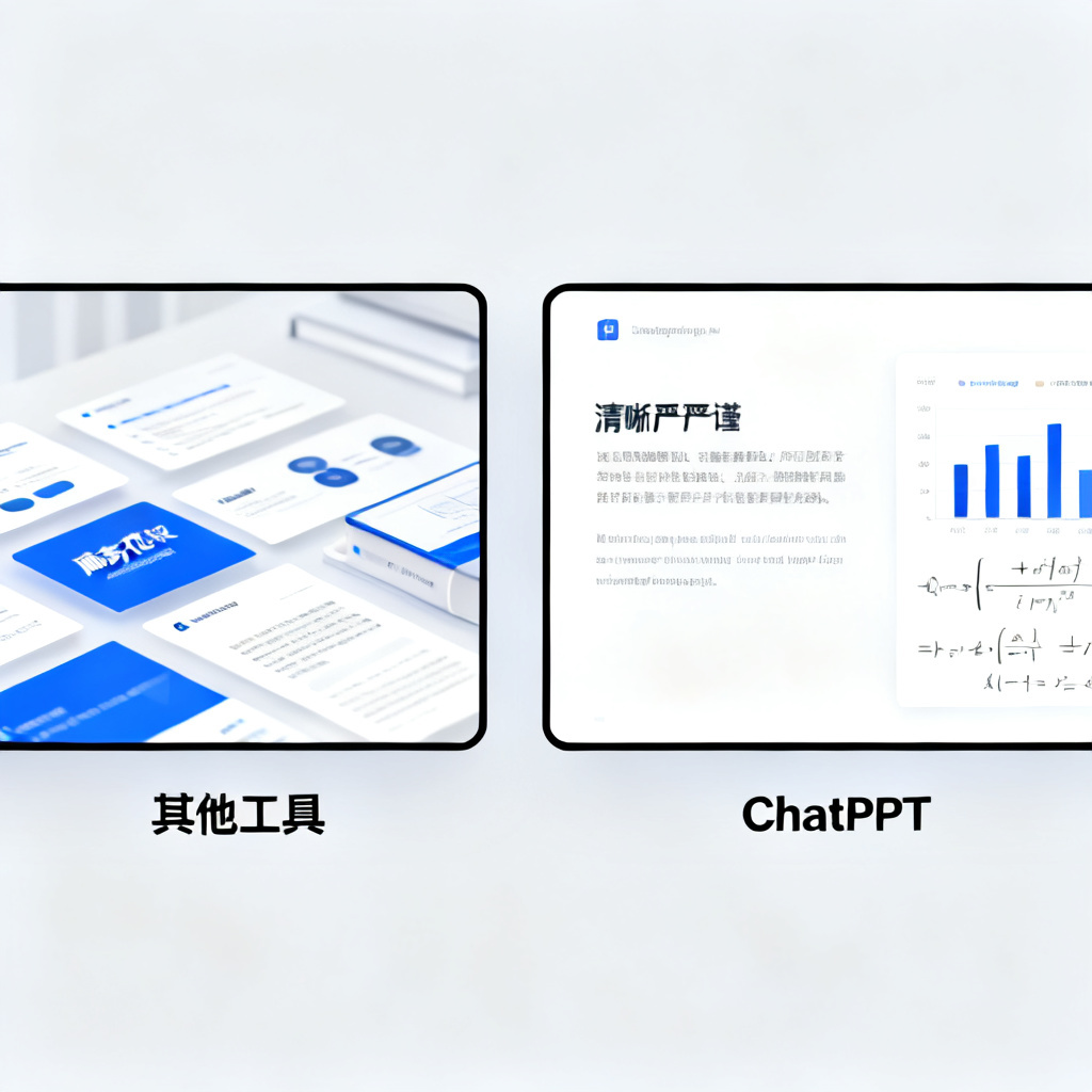 左右对比图，左侧是风格花哨的商务PPT（标注‘其他工具’），右侧是清晰严谨的学术PPT（标注‘ChatPPT’），包含图表和公式，极简风格，专业感