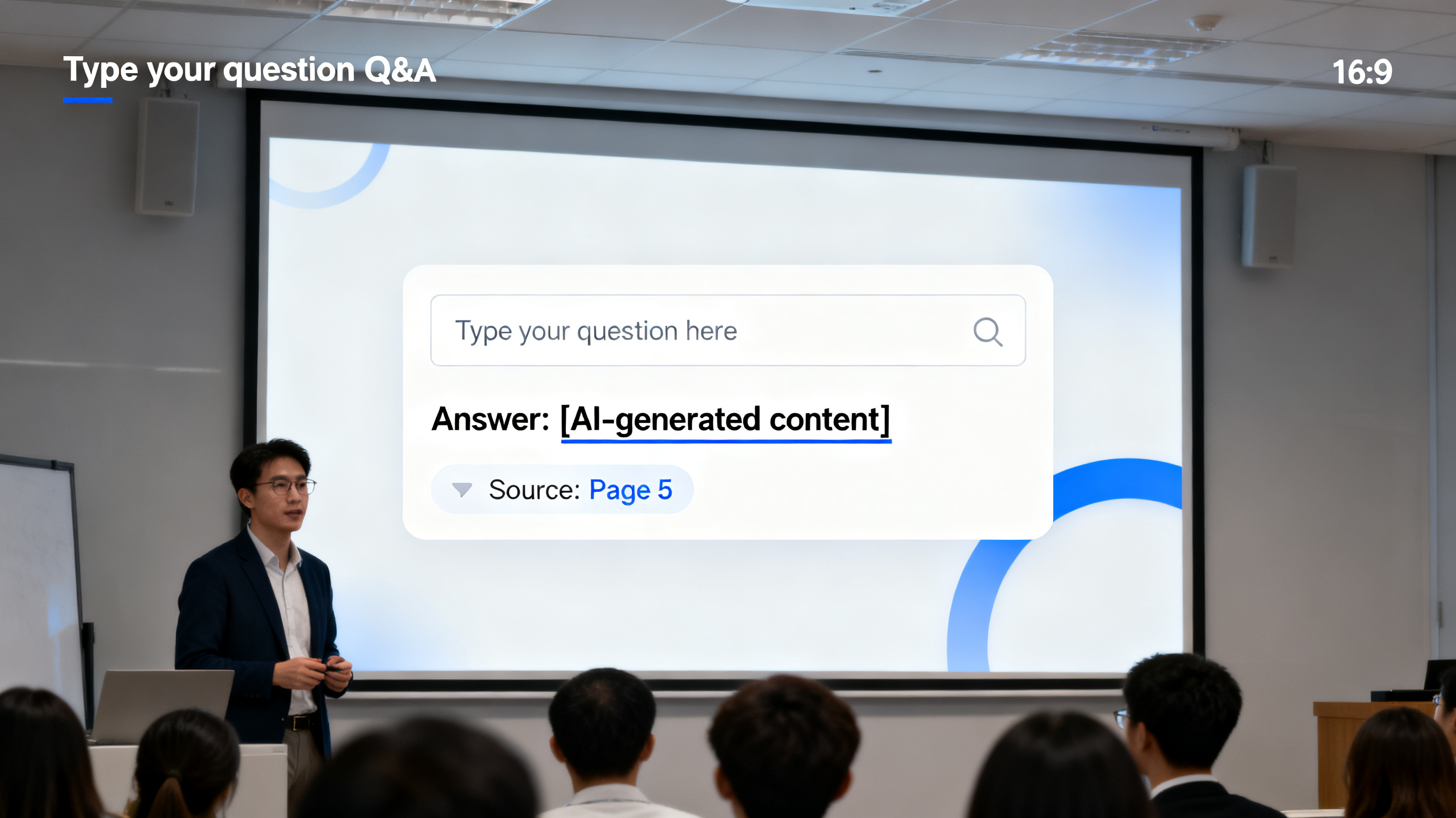 An AI-powered Q&A interface overlaying a presentation slide, with a question input field and an answer highlighted with a source page reference link, trust and transparency concept, modern UI design, 16:9 aspect ratio