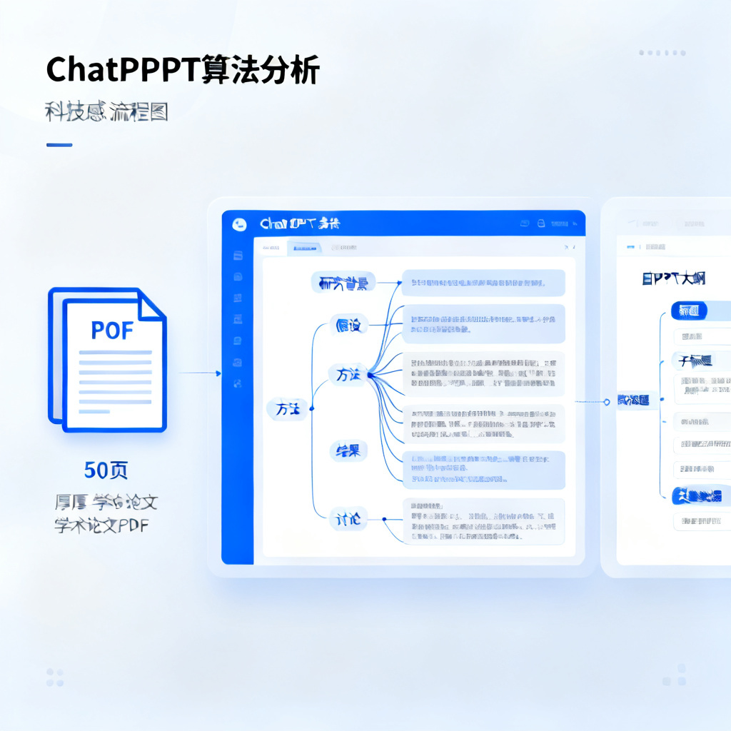 一张展示ChatPPT处理长篇论文逻辑的流程图。左侧是一篇厚度为50页的学术论文PDF,中间是ChatPPT的算法分析界面,显示文本被分解为研究背景、假设、方法、结果、讨论等模块并建立逻辑关联,右侧自动生成一份包含标题、子标题和关键数据的PPT大纲。整体风格简洁、科技感强,以蓝白为主色调。