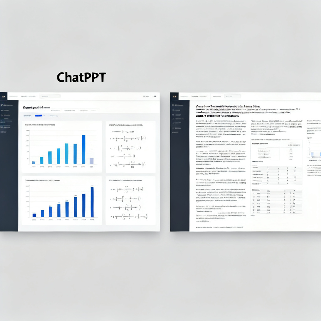 A side-by-side comparison of two academic presentation slides. Left side: ChatPPT with clean, data-focused layout, clear charts, and proper formulas. Right side: a cluttered slide with mismatched fonts and unclear data.
