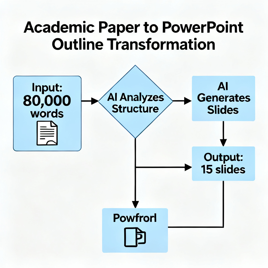 A flowchart showing a long academic paper being transformed into a structured PowerPoint outline by an AI, with labels like 'Input: 80,000 words' and 'Output: 15 slides', professional style, clean design