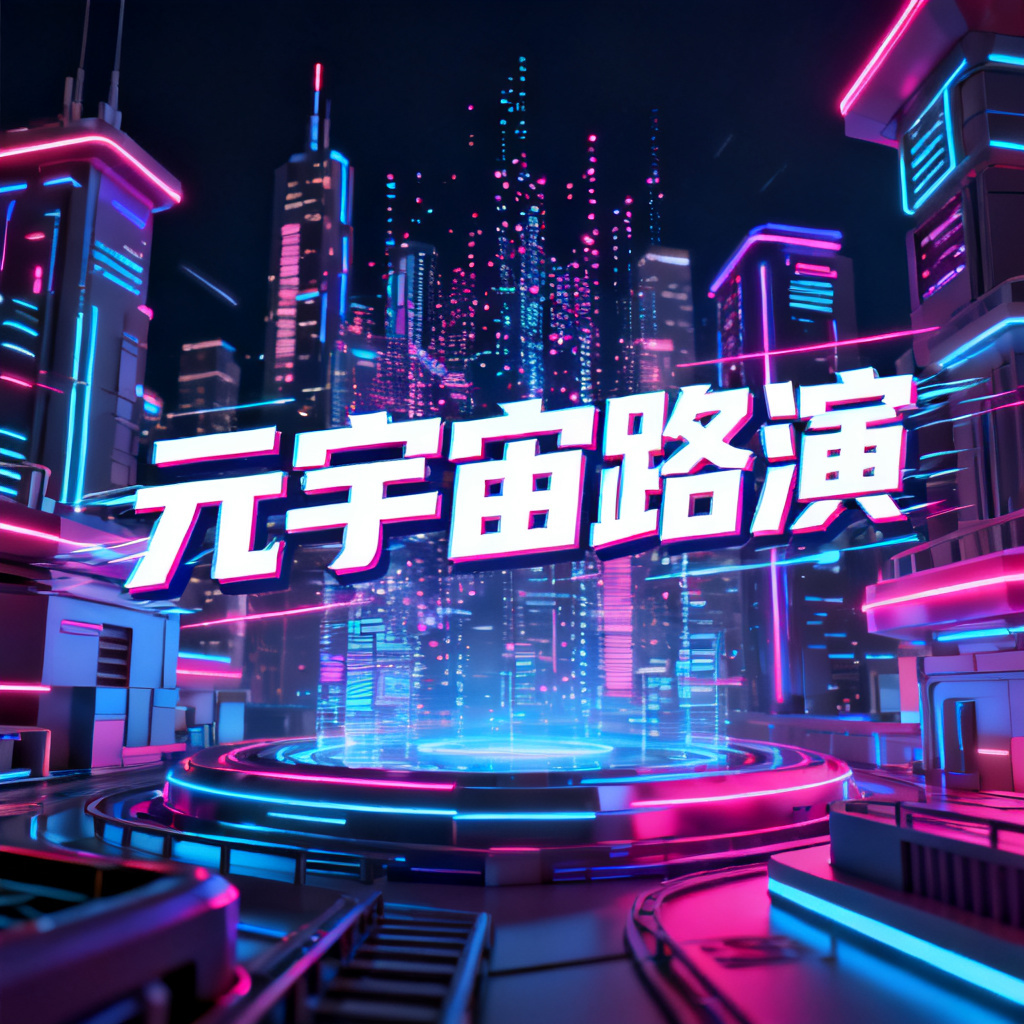 赛博朋克风格的元宇宙路演PPT，霓虹灯配色，未来城市背景，3D建筑结构，数据流粒子效果，科技感字体