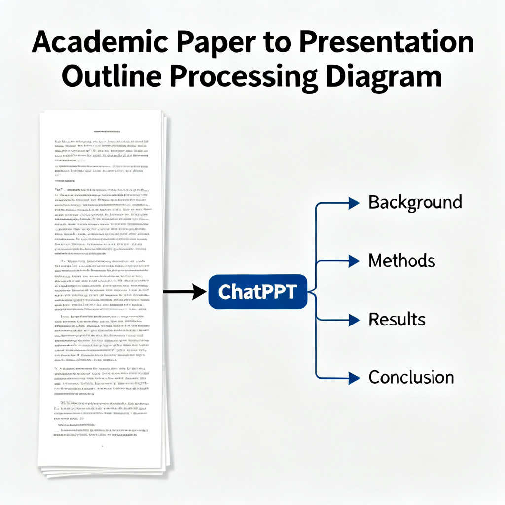 A diagram showing a long academic paper being processed by ChatPPT, with arrows indicating extraction of background, methods, results, and conclusion into a structured presentation outline.