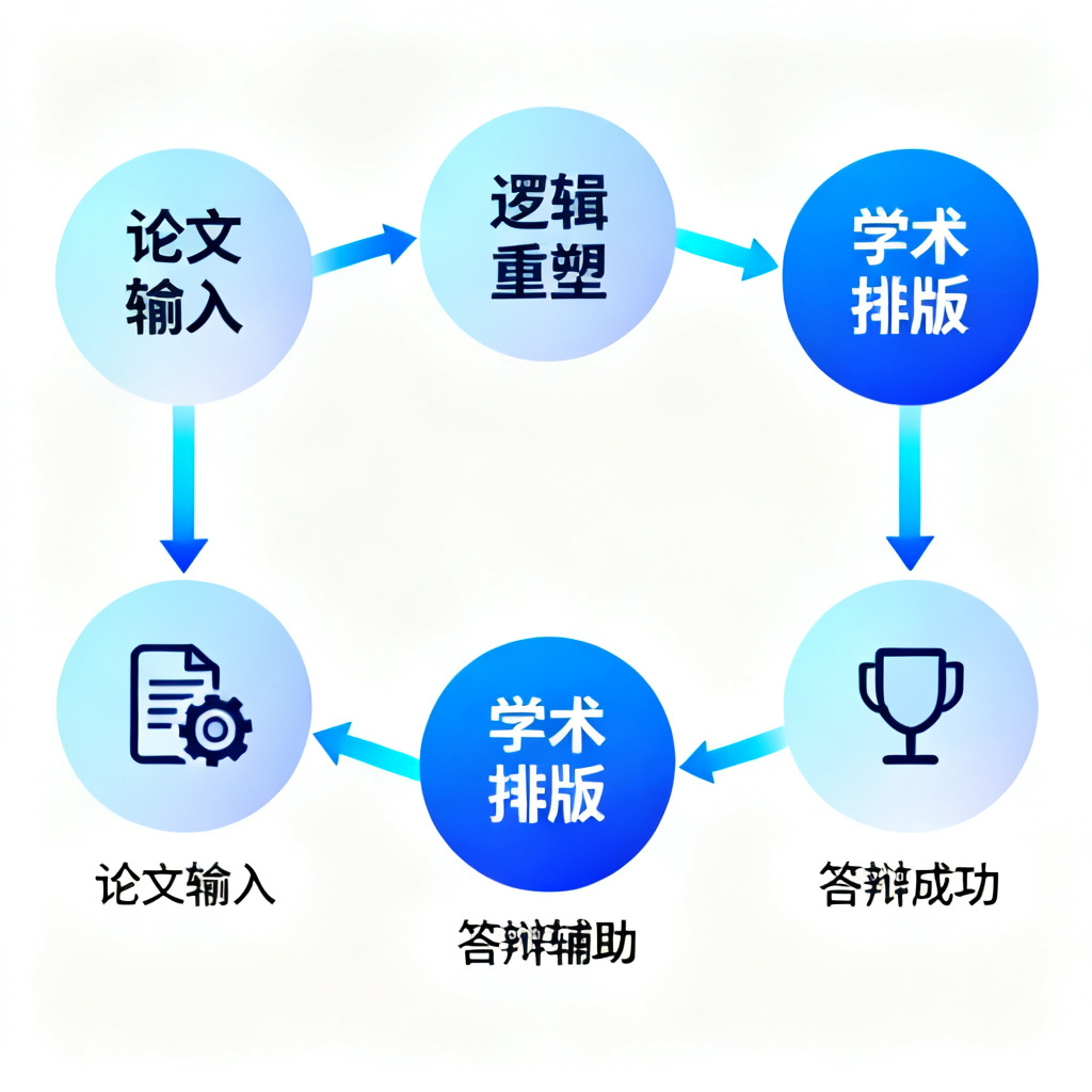 流程图:从“论文输入”到“逻辑重塑”到“学术排版”到“答辩辅助”再到“答辩成功”的闭环,每个节点有图标,风格简约,使用渐变蓝色