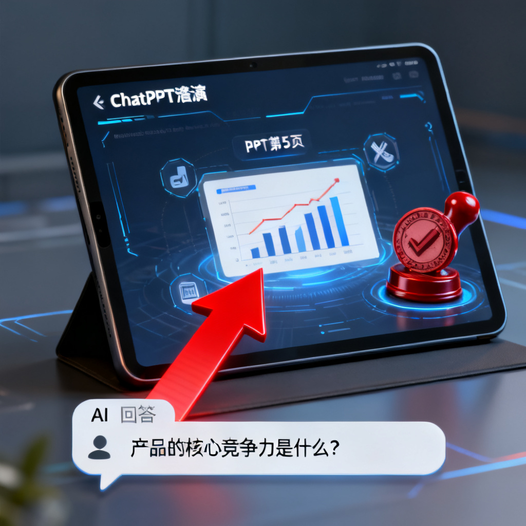 平板电脑上显示ChatPPT路演页面，底部有对话气泡提问“产品的核心竞争力是什么？”，AI回答后弹出红色箭头指向PPT第5页的数据图表，周围有批准印章图标
