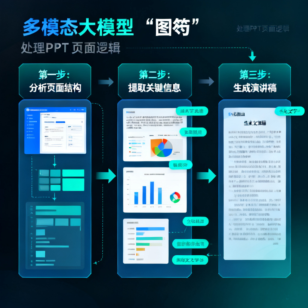 多模态大模型“图笏”处理PPT页面逻辑的示意图，展示模型如何分析页面结构、提取关键信息并生成演讲稿