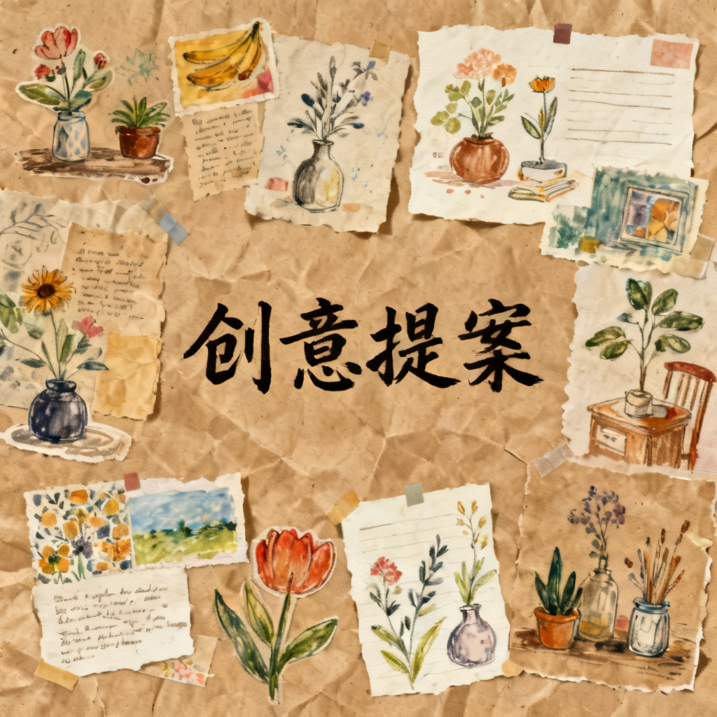 牛皮纸贴画风格的PPT页面,手绘感强烈的元素拼贴在一起,色彩温暖复古,版式自由灵动,适合创意提案或艺术类演示