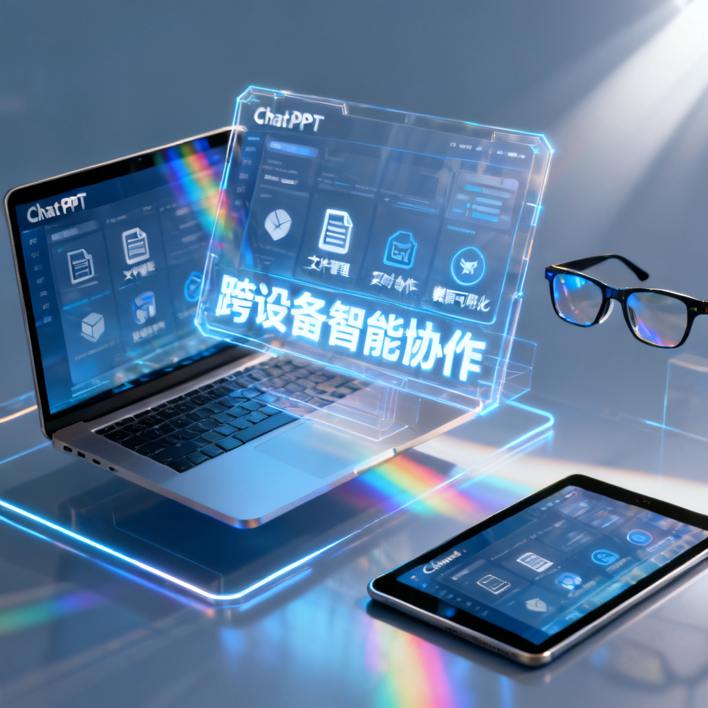 一张具有未来感的办公场景图,显示ChatPPT的界面悬浮在智能设备上,包括笔记本电脑、智能眼镜和平板电脑,体现其跨设备智能化。