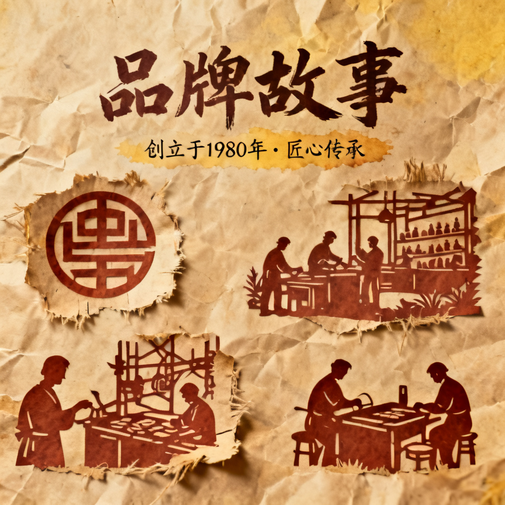 牛皮纸贴画风格品牌故事，复古纹理与剪纸元素，温暖色调
