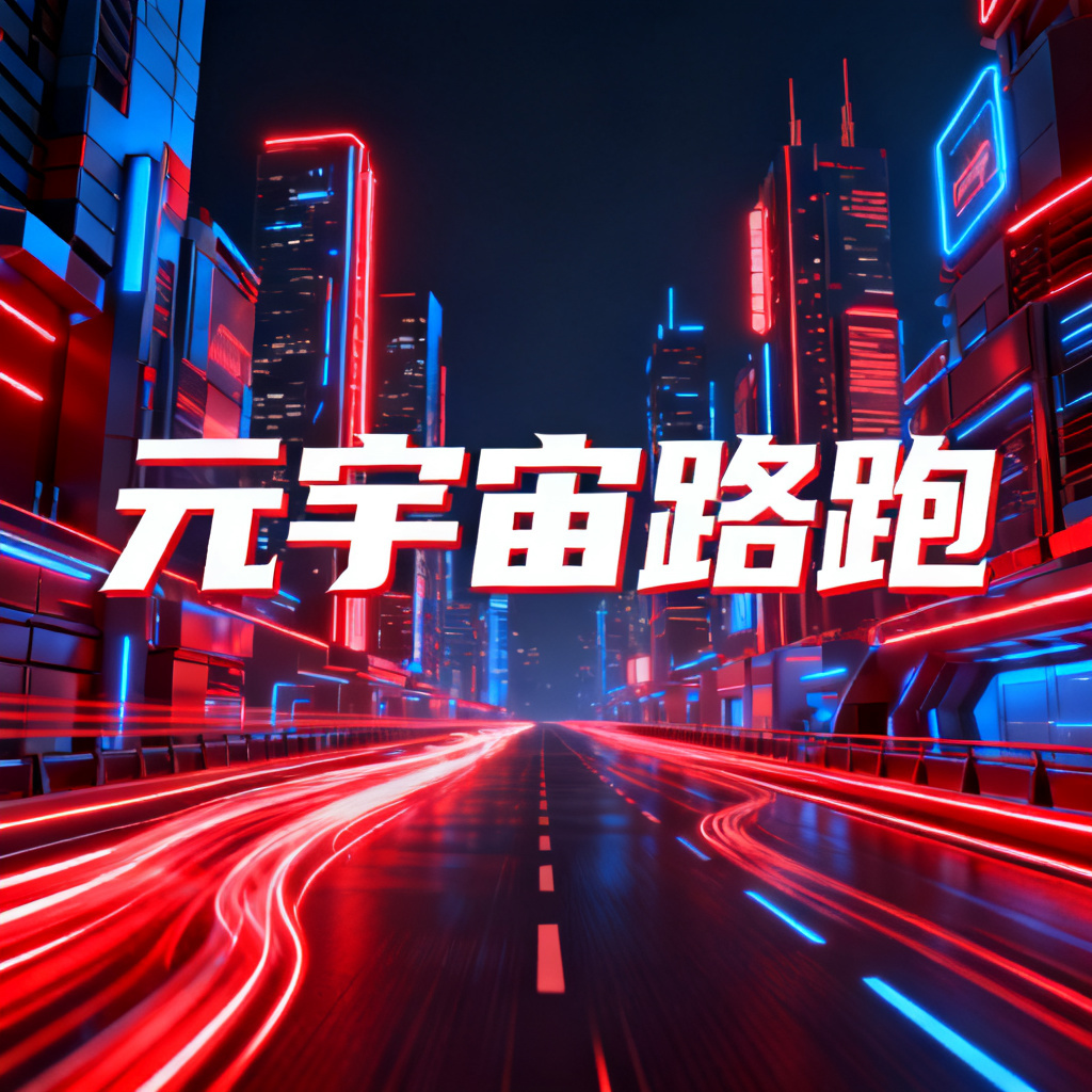 赛博朋克风格的元宇宙路跑PPT封面，霓虹灯光，未来城市，3D渲染，高对比度，动态光效