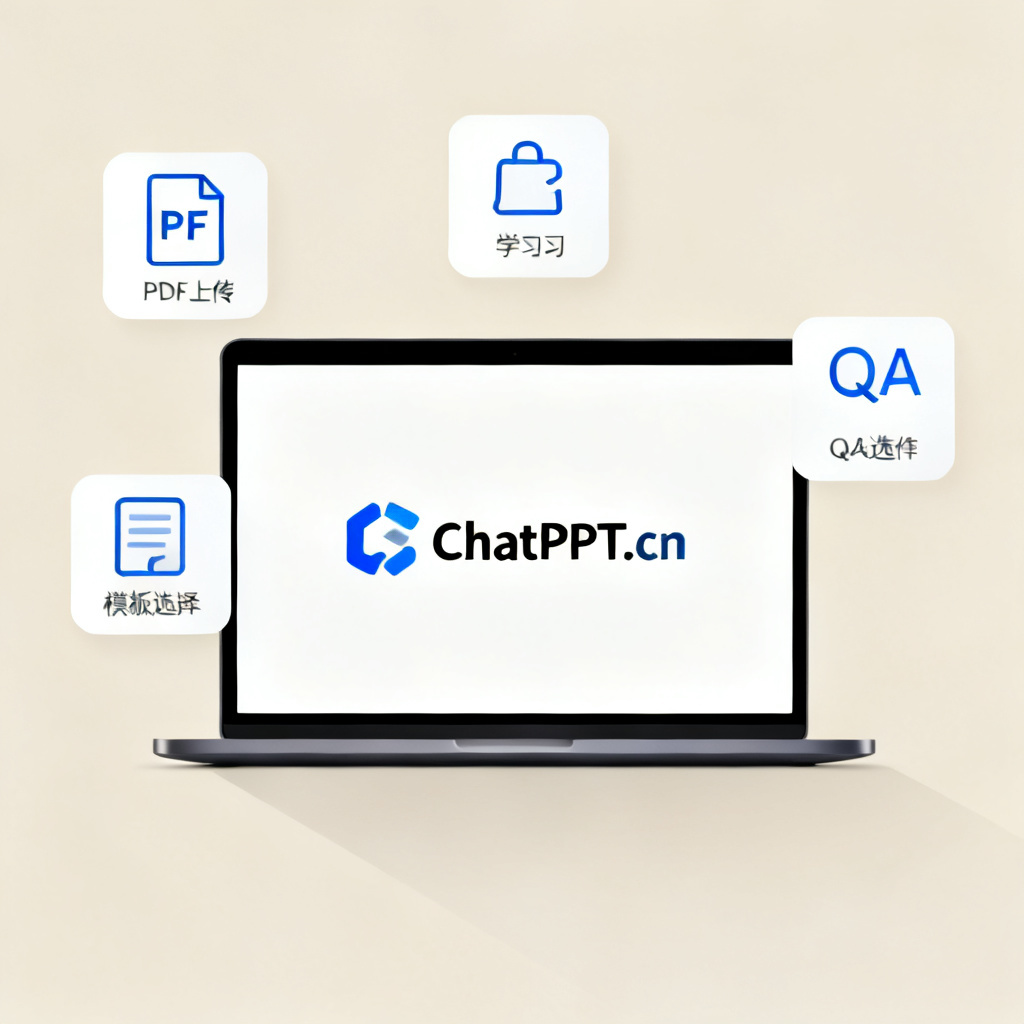 The ChatPPT.cn brand logo displayed on a laptop screen, with a clean and professional interface, surrounded by icons representing academic features like PDF upload, template selection, and Q&A generation