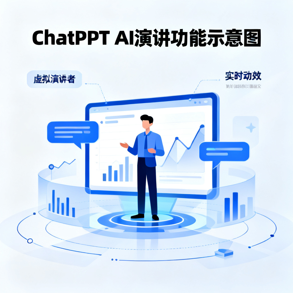 ChatPPT的AI演讲功能示意图，显示虚拟演讲者和实时动效