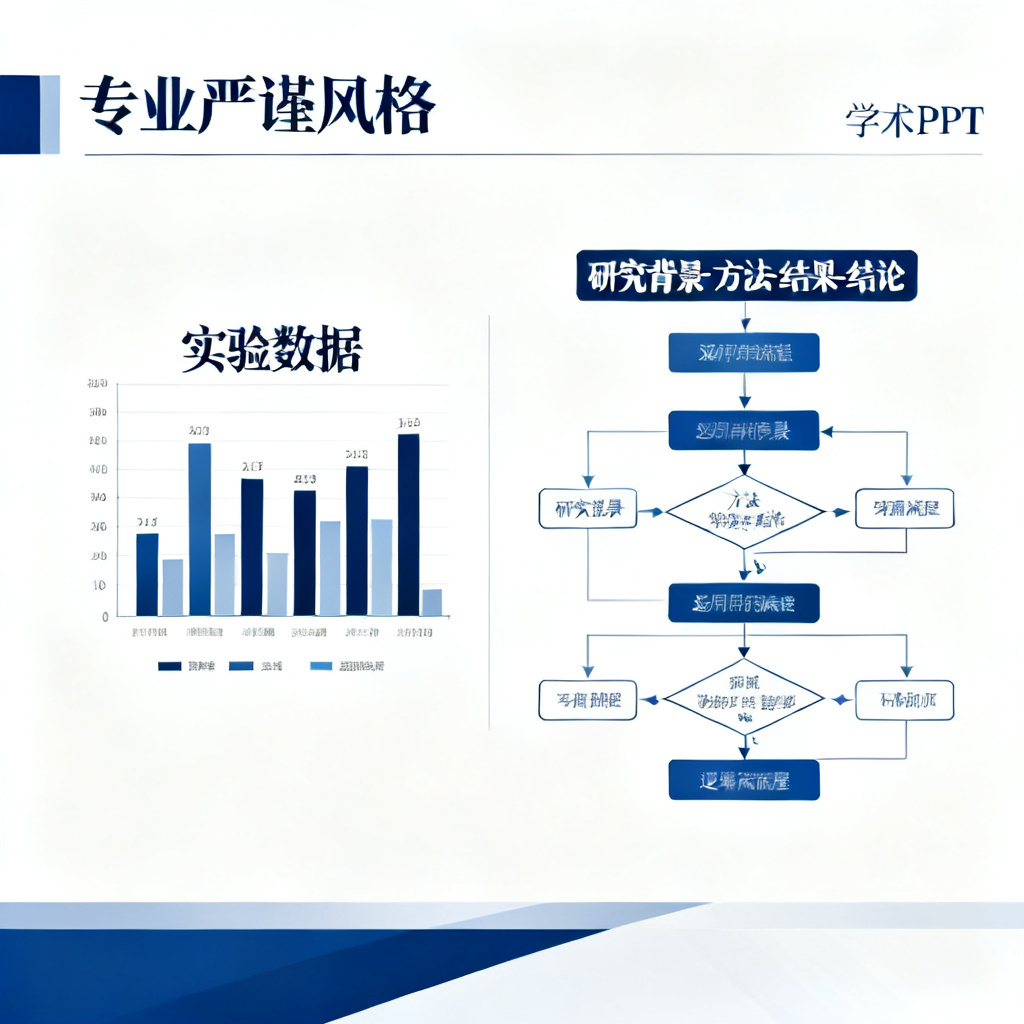 一个整洁的学术PPT幻灯片,左侧是实验数据柱状图,右侧是清晰的逻辑流程图,标注“研究背景-方法-结果-结论”,风格专业严谨