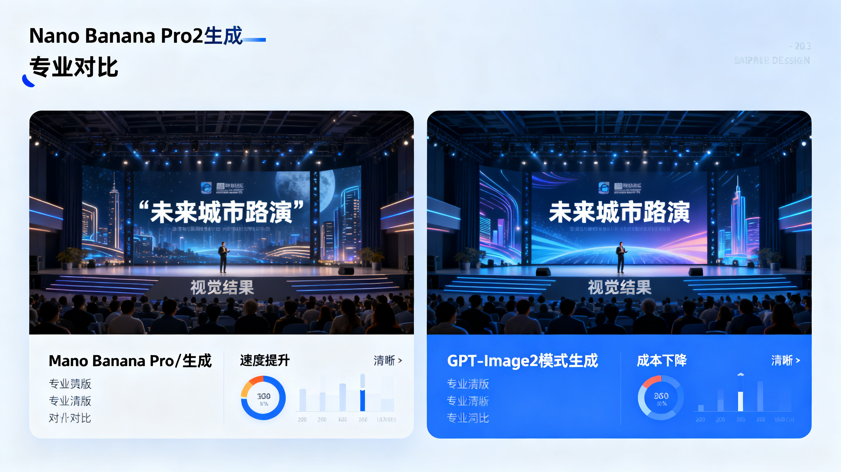 展示ChatPPT双引擎生成对比界面，左侧Nano Banana Pro/2生成结果，右侧GPT-Image2模式生成结果，同一主题“未来城市路演”呈现不同视觉风格，界面专业，数据面板显示速度提升与成本下降