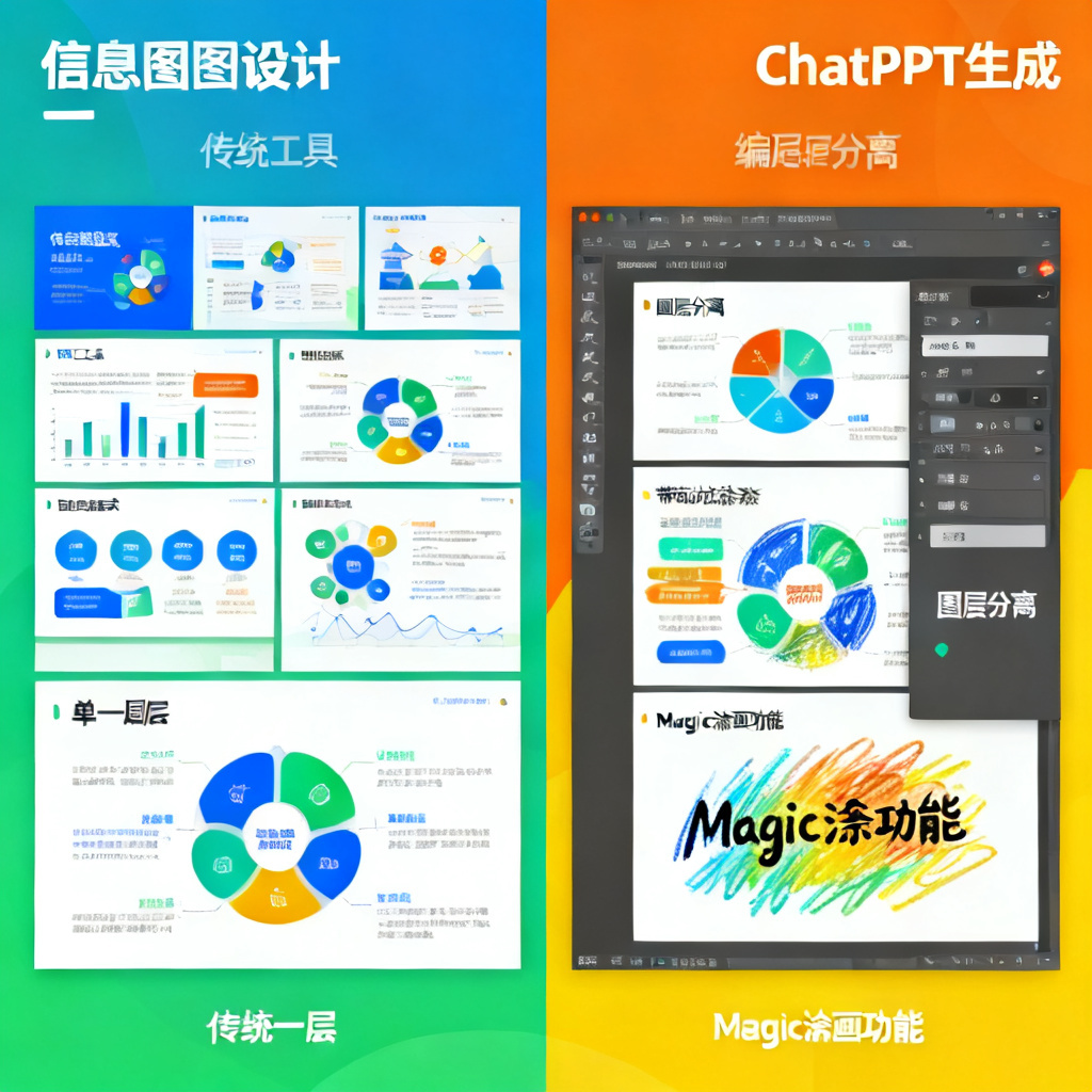 一张对比图：左侧为传统工具生成的静态模板，右侧为ChatPPT生成的可编辑创意画布，展示图层分离和Magic涂画功能