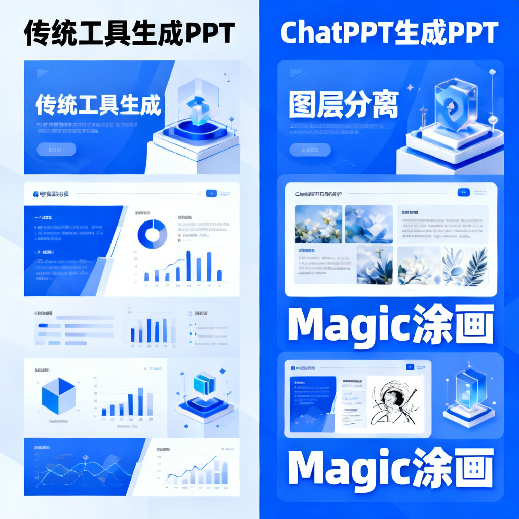对比图：左侧是传统工具生成的PPT，风格单一、元素割裂；右侧是ChatPPT生成的PPT，风格统一、视觉精致，标注出图层分离与Magic涂画功能