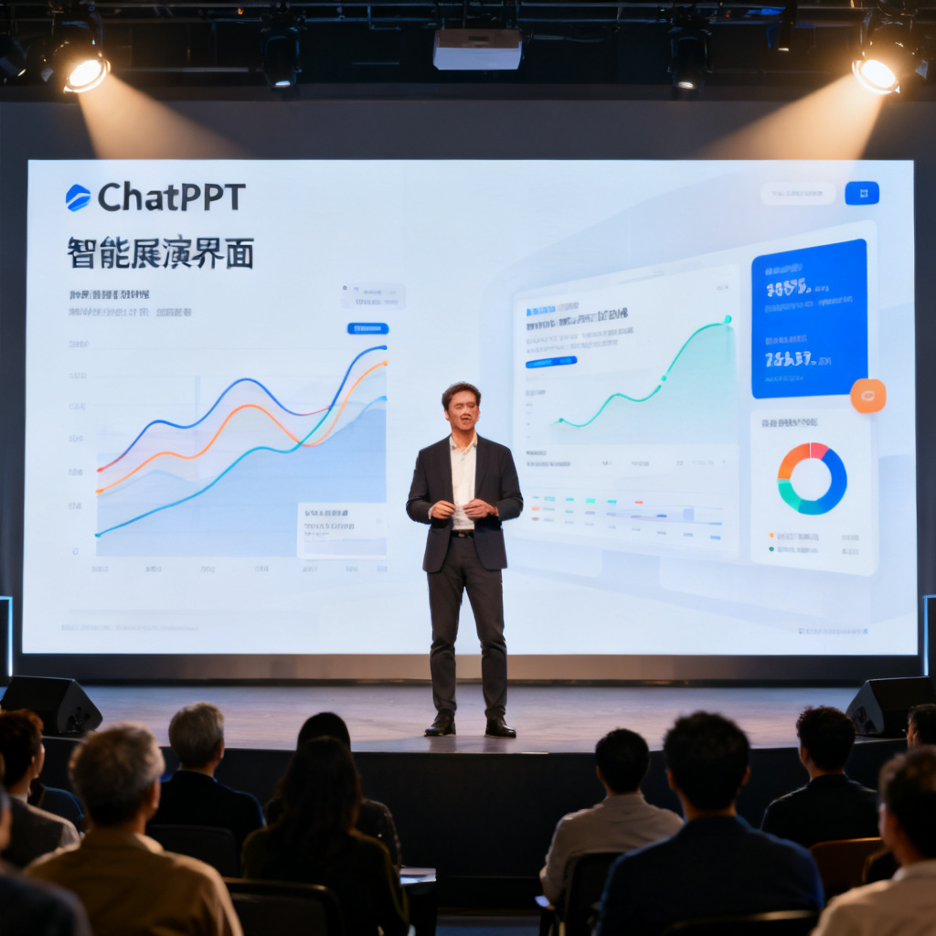 一位自信的演讲者站在舞台上，背后是ChatPPT生成的智能路演界面，观众专注观看，场景光线明亮，氛围专业而积极。
