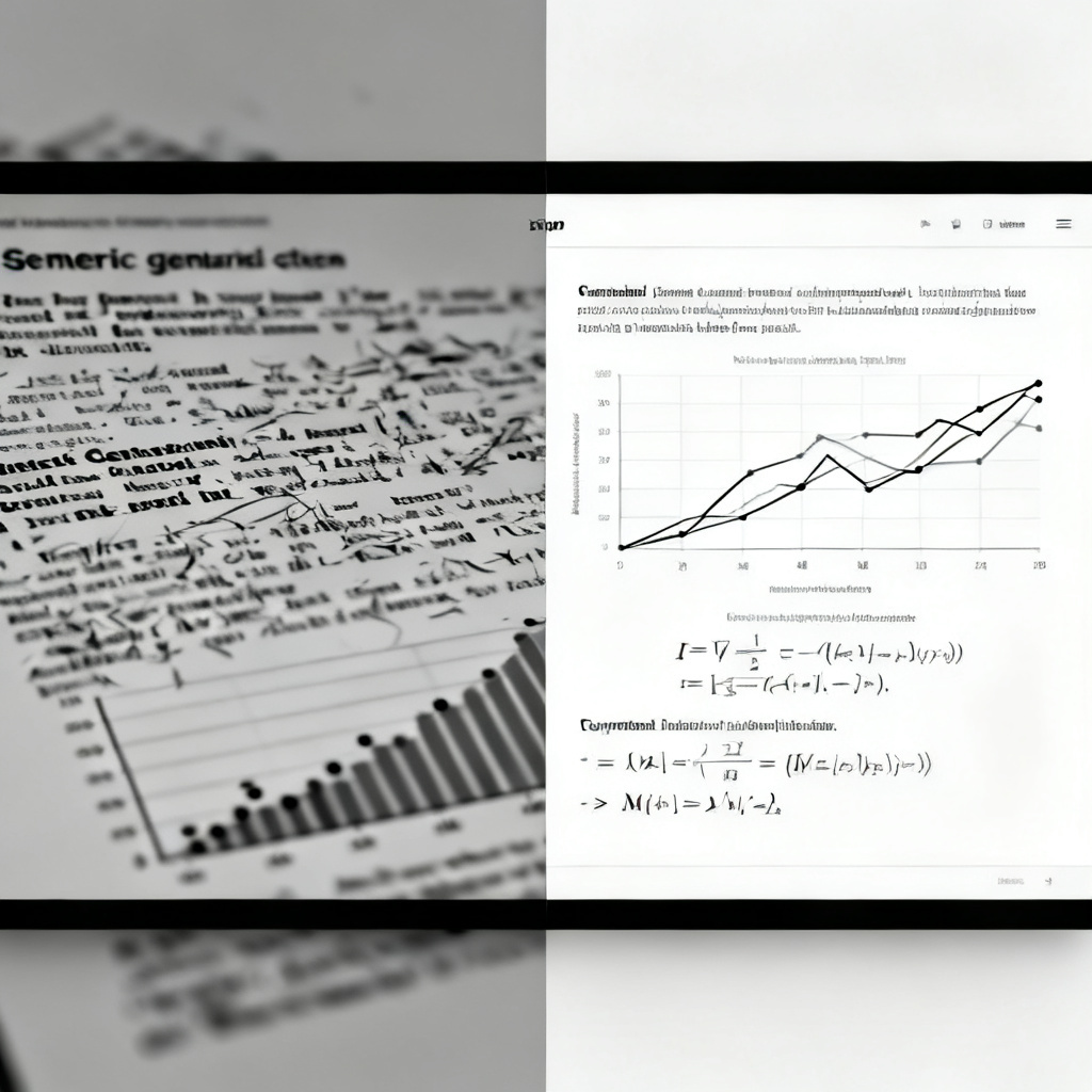 Side-by-side comparison: left side shows a messy, generic slide with text and a blurry chart; right side shows a clean, professional slide with a clear chart, equations, and proper formatting.