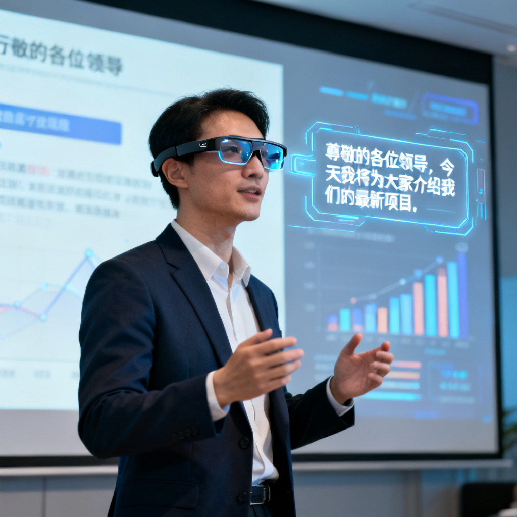 一个职场人士佩戴智能眼镜进行路演，眼镜镜片上显示演讲稿提示，背景是大屏幕上的PPT内容与虚拟数据图表