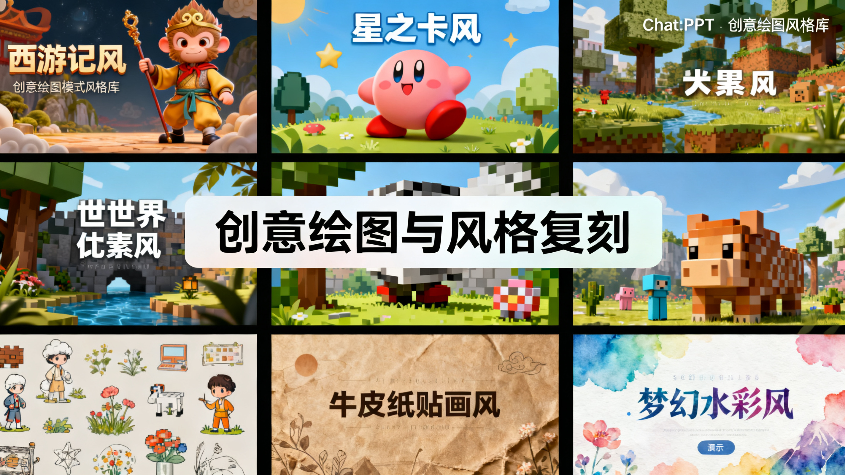 ChatPPT 创意绘图模式风格库展示，画面中并列呈现 3D 西游记风、星之卡比风、我的世界像素风、牛皮纸贴画风、梦幻水彩风等演示页面，中央标注创意绘图与风格复刻，整体结构精美