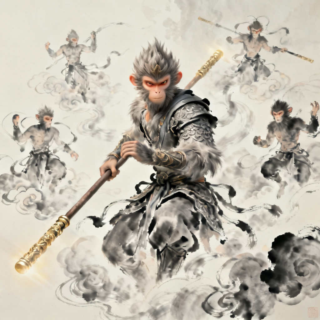 3D西游记风，孙悟空，72变，水墨风格，梦幻，细节丰富