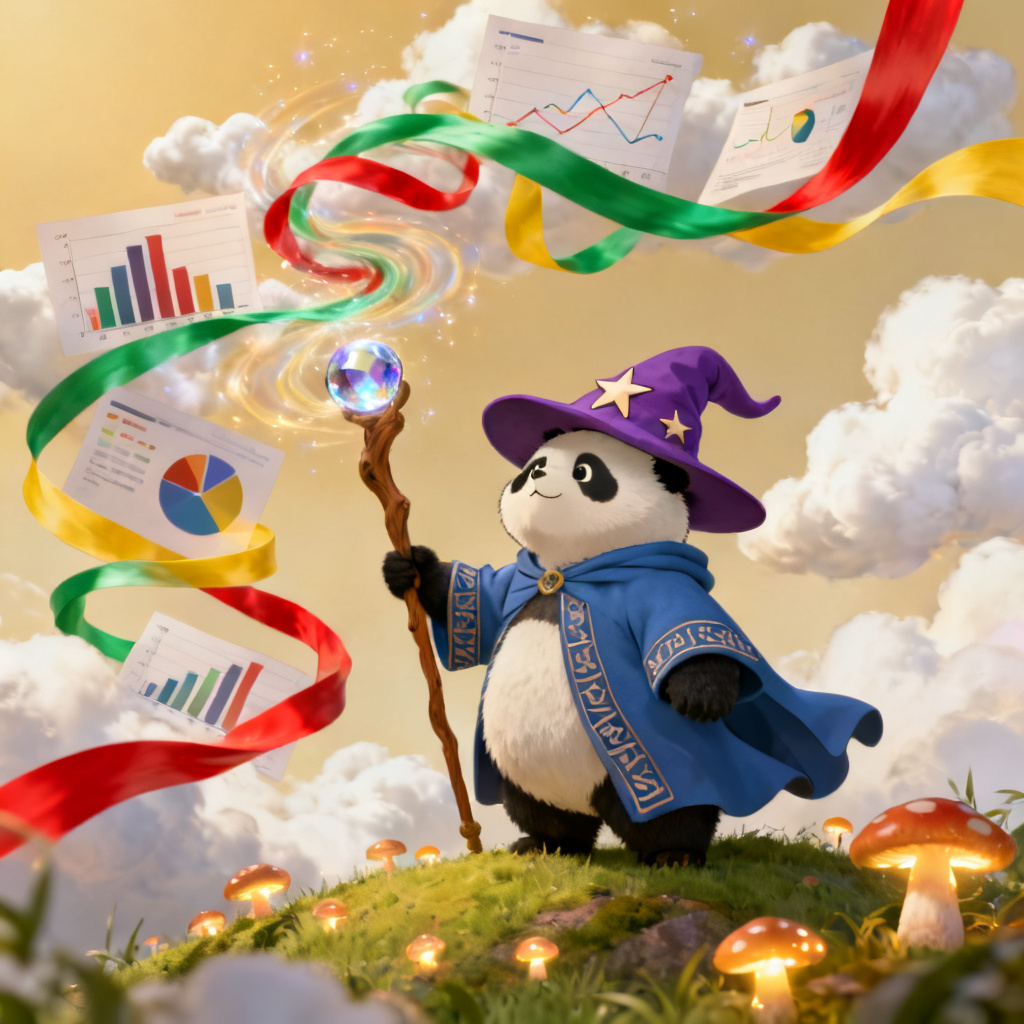A whimsical 3D illustration of a panda dressed as a wizard, casting a spell that turns data charts into colorful ribbons, in a style reminiscent of Studio Ghibli.