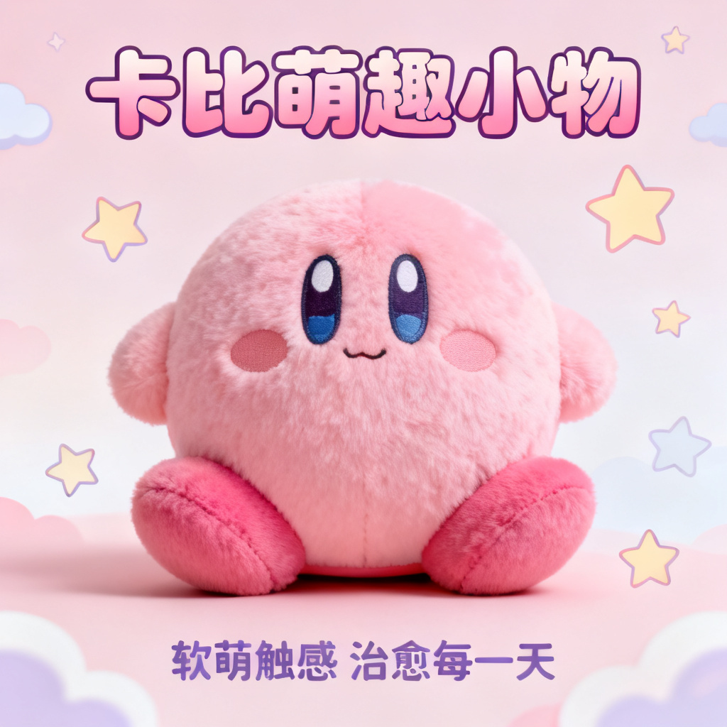 星之卡比风格的产品介绍页，粉色为主，可爱卡通，圆润造型