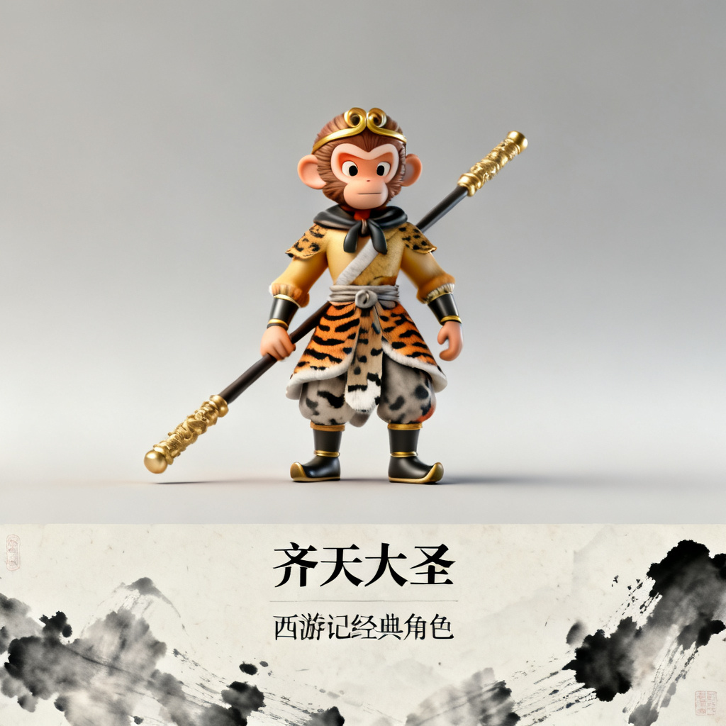 3D西游记风PPT内页，孙悟空形象，水墨纹理，文字与图形分离可编辑
