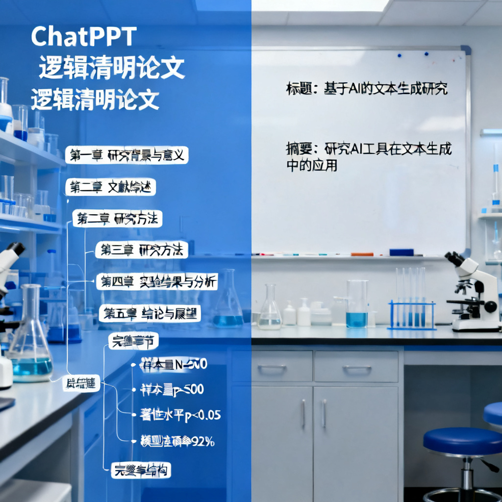 一张对比图，左侧显示ChatPPT生成的逻辑清晰的论文PPT大纲，包含完整的章节结构与关键数据节点，右侧显示通用工具生成的碎片化大纲，仅保留标题与摘要，背景为实验室场景