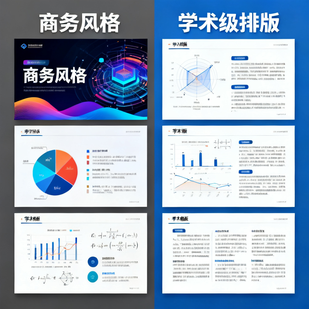 对比图:左半部分展示一个花哨的商务风格PPT模板,右半部分展示一个简洁严谨的学术风格PPT模板,包含图表和公式,标注“学术级排版”,风格写实,清晰对比