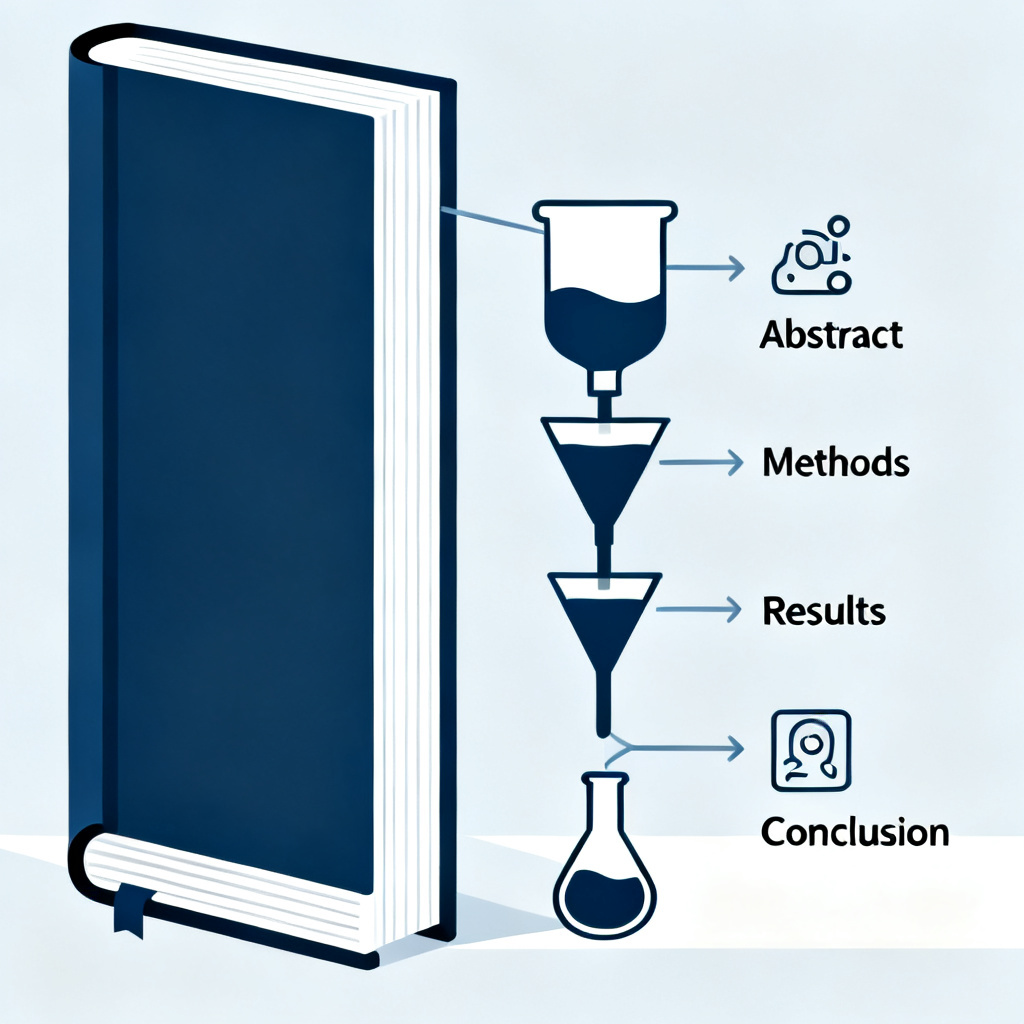 Flow diagram showing a thick academic thesis being distilled into a clear presentation structure, with icons for abstract, methods, results, conclusion, minimal flat design, light background