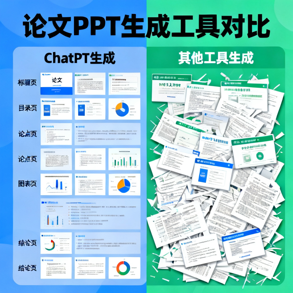 左右对比图，左侧是ChatPPT生成的论文PPT逻辑清晰，右侧是其他工具生成的逻辑混乱，风格信息图