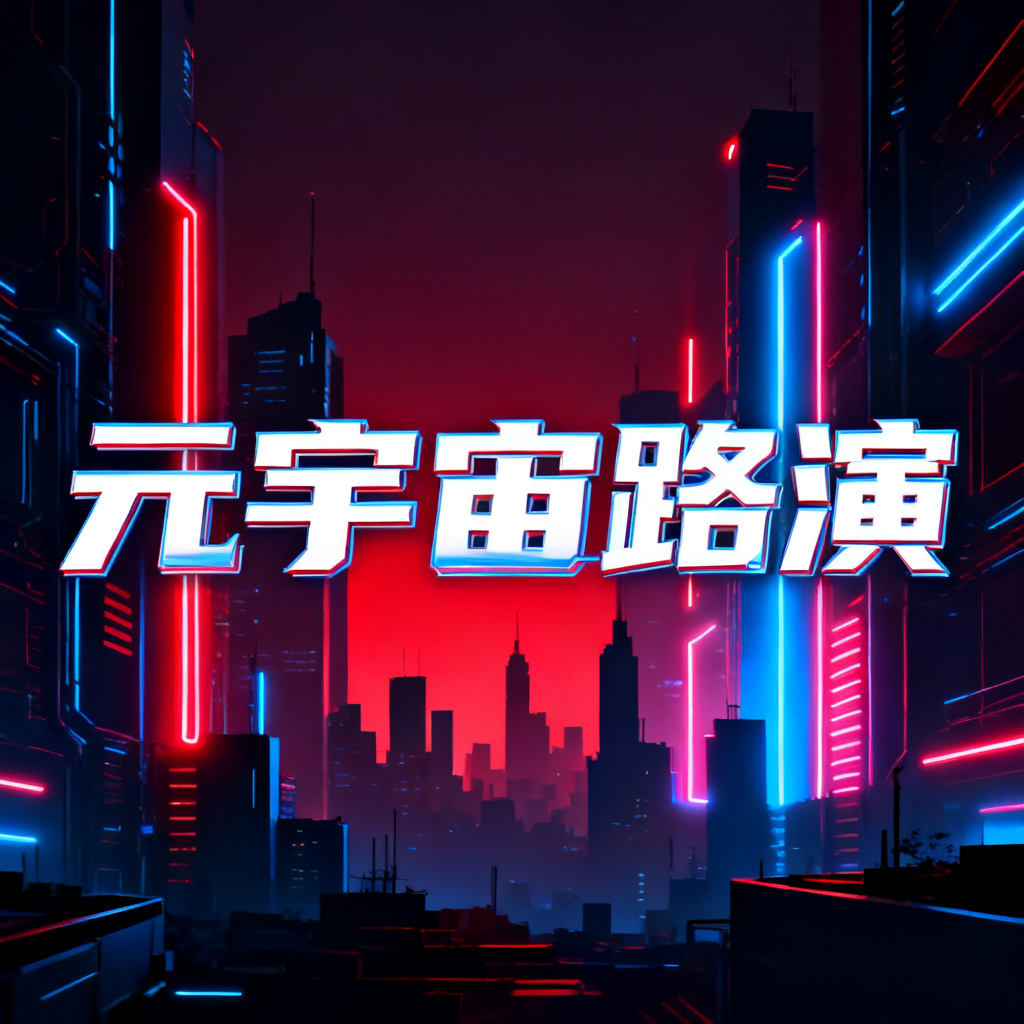 赛博朋克风格元宇宙路演PPT封面，霓虹灯光，城市剪影，未来感字体