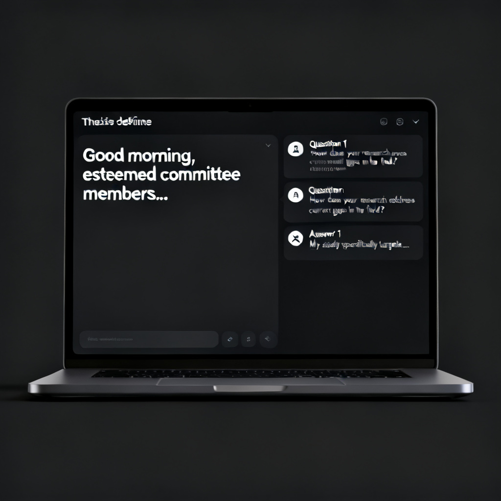 A laptop screen displaying a dialogue interface: on the left, a script for a thesis defense speech; on the right, a list of potential questions from committee members with suggested answers, modern UI, dark mode