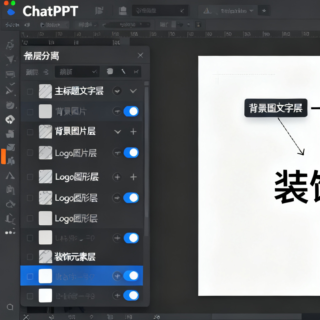 软件界面截图风格,展示ChatPPT的图层分离编辑面板,左侧列表中独立显示“主标题文字层”“背景图片层”“Logo图形层”“装饰元素层”,每个图层均有独立的编辑开关与属性参数,界面右侧为画布预览,画布上一处文字正在被单独选中并调整字号,UI设计风格简洁现代