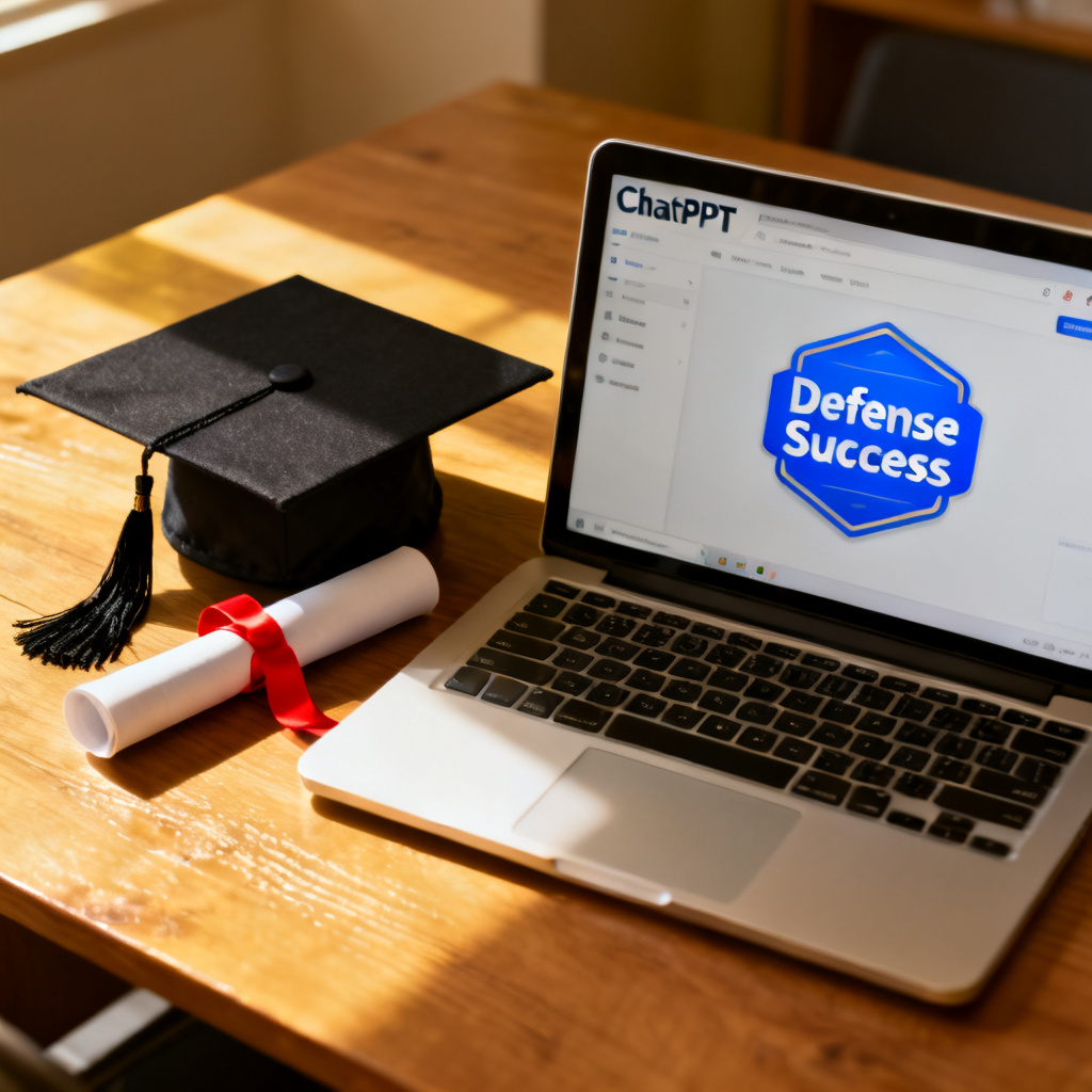 A graduation cap and diploma on a desk, with a laptop screen showing ChatPPT's interface with a 'Defense Success' badge.