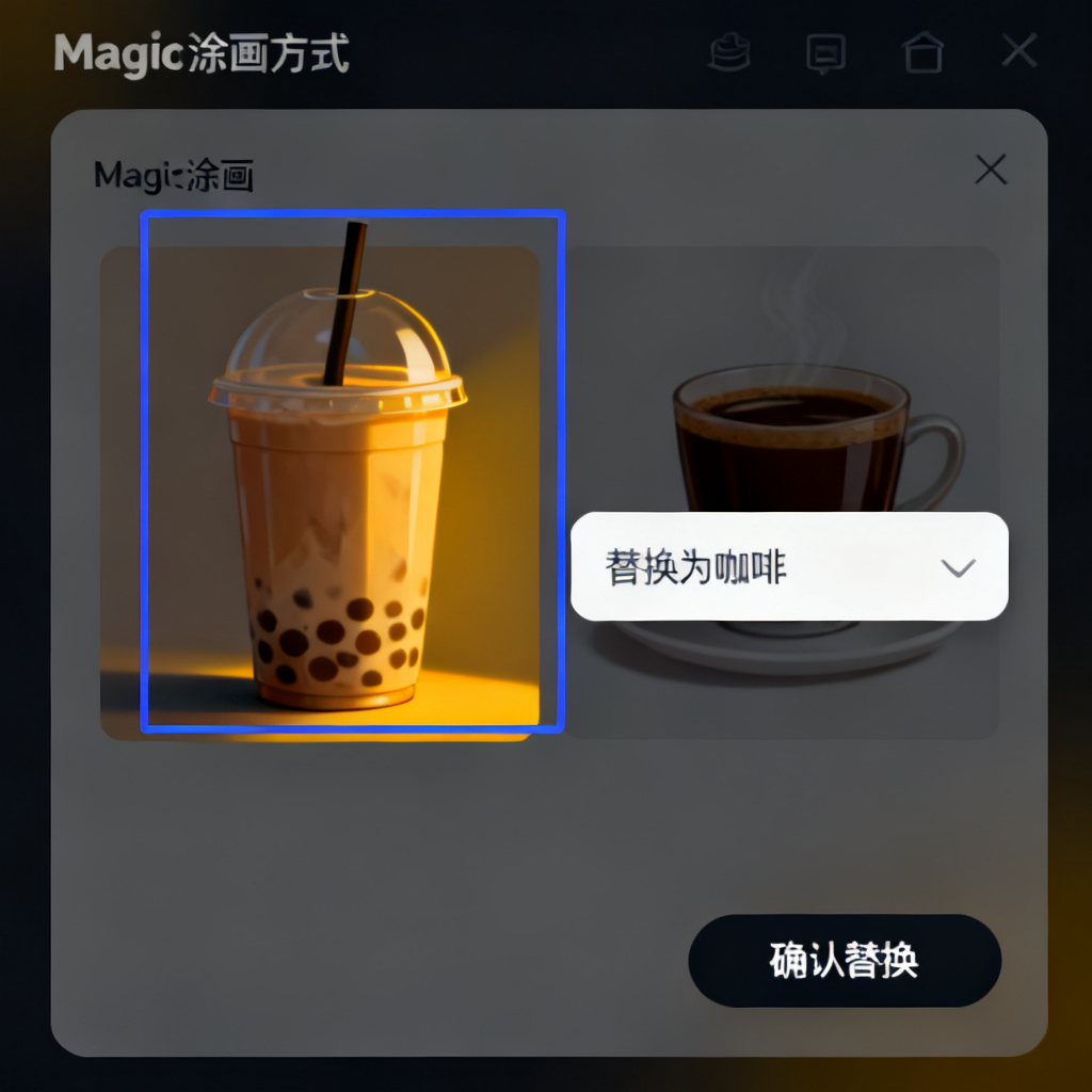 Magic涂画模式界面示意图，用户框选页面中的奶茶区域，输入指令后自动替换为咖啡，保持原有光影与风格一致