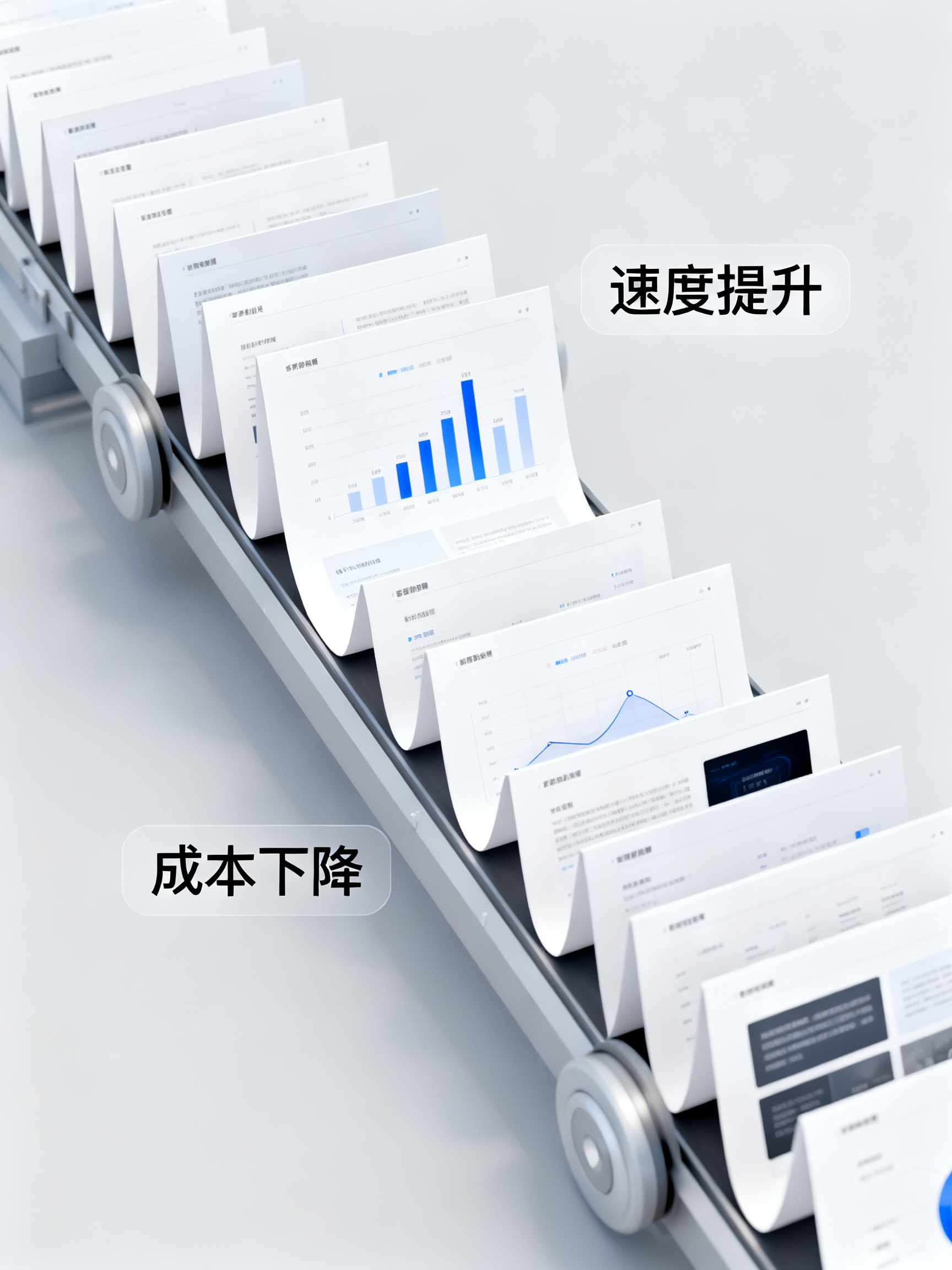 数十页风格统一的高质量演示页面在流水线上被连续生成并依次排列,旁侧以简洁数据标签标注速度提升与成本下降,极简商务信息图风格