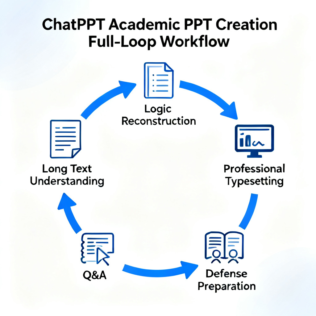 A diagram showing the full-loop workflow of ChatPPT for academic PPT creation. The workflow includes four stages: 1) Long Text Understanding (input paper), 2) Logic Reconstruction (generated outline), 3) Professional Typesetting (formatted slides), and 4) Defense Preparation (script and Q&A). Each stage is connected by arrows, forming a closed loop. The diagram should convey the concept of an all-in-one solution.