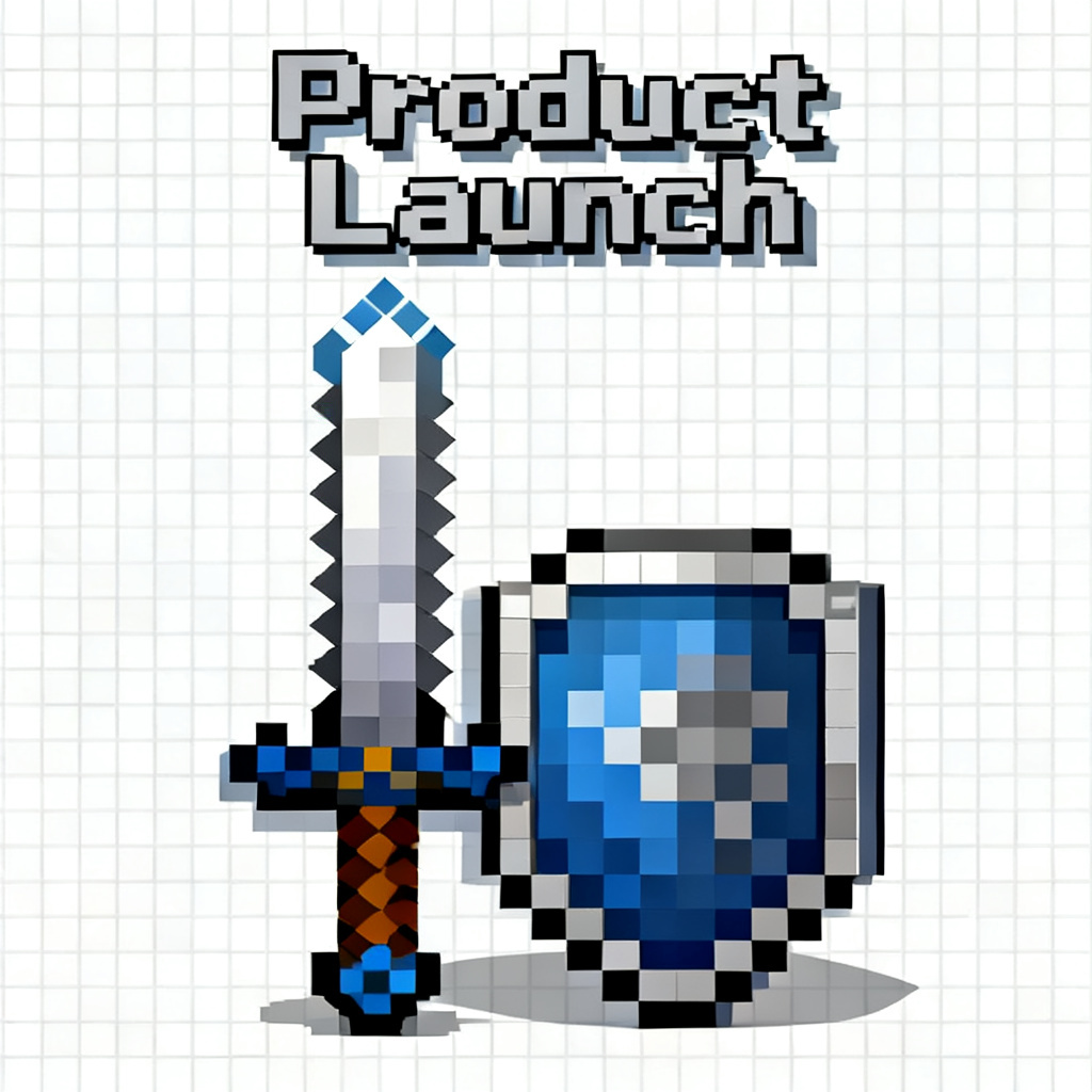 Generate a product launch slide in Minecraft pixel art style, with blocky textures and 8-bit color palette, featuring a pixelated sword and shield as centerpiece, grid background, and text in pixel font with shadow effects, all elements rendered as separate blocks.