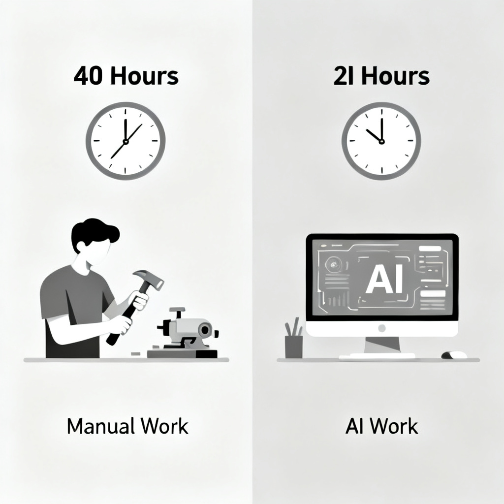 A split-screen illustration showing 40 hours of manual work on one side and 2 hours with AI on the other, with a clock and efficiency theme, minimalist design