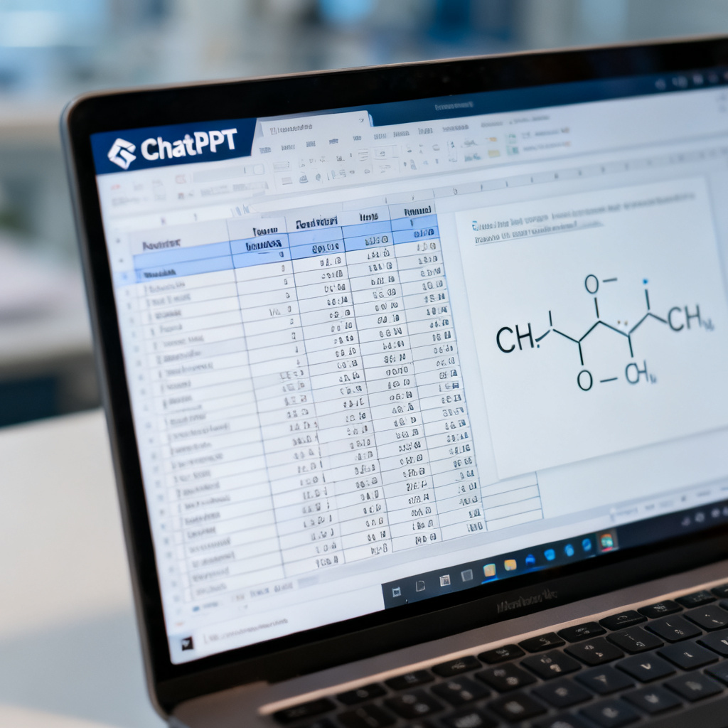 A close-up of a laptop screen showing the ChatPPT interface, with a complex data table and a chemical formula perfectly rendered in a slide.