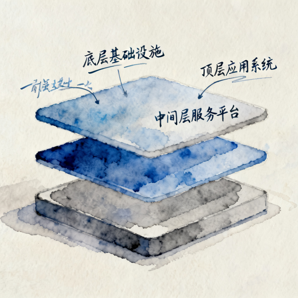 水彩风格的技术架构示意图，浅色背景，蓝色与灰色为主色调，三层结构标注清晰，手绘质感。