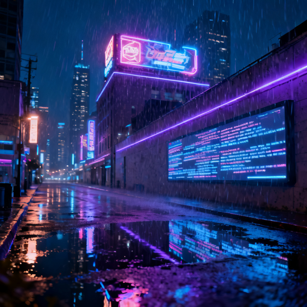 赛博朋克风格，未来城市夜景，霓虹灯，潮湿的街道，高对比度，电影感