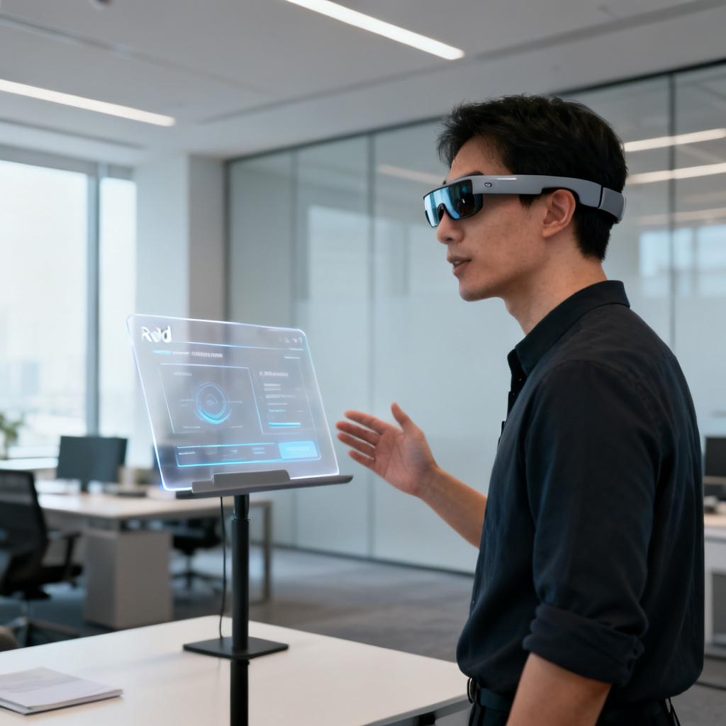 A user wearing smart glasses (like Rokid) with a transparent teleprompter display, giving a presentation in a modern office, subtle futuristic feel, natural lighting