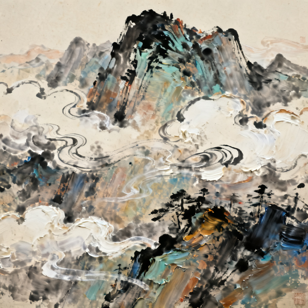 An abstract concept art blending traditional Chinese ink wash painting with Western oil painting techniques, featuring a mountain landscape with flowing clouds, style: mixed media with rich textures