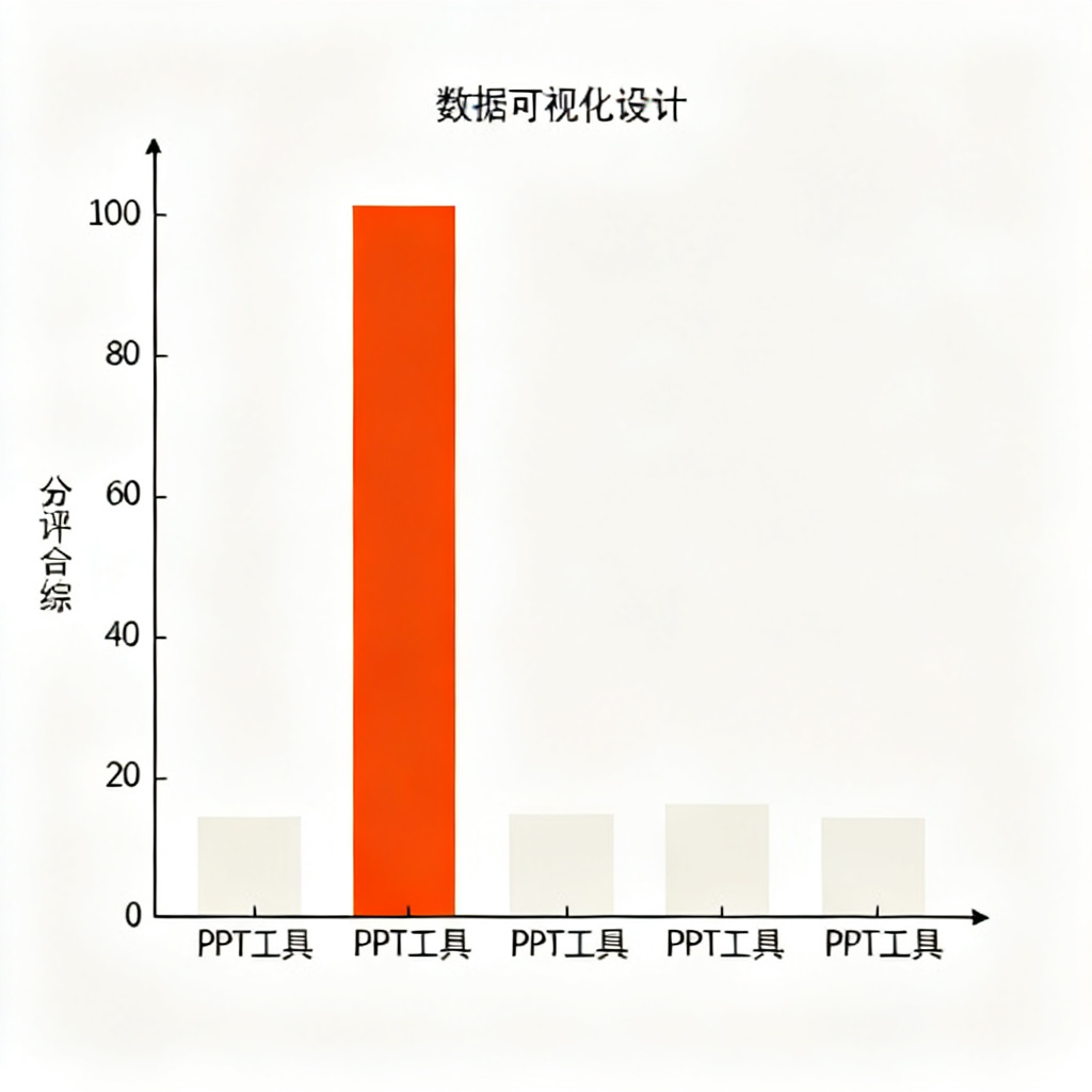 一个数据可视化的柱状对比图，横向排列五款PPT工具的标识，纵向显示综合评分，最高分柱体以醒目颜色突出显示，其他柱体颜色较浅，背景为简洁白底