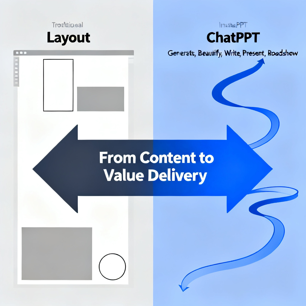 A conceptual split-image comparison. Left side shows a traditional PPT tool with only "Layout" label and simple shapes. Right side shows ChatPPT with labels "Generate, Beautify, Write, Present, Roadshow" connected by flowing arrows. A central arrow reads "From Content to Value Delivery".